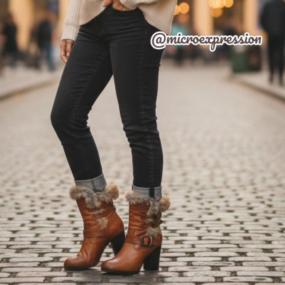 RARE Frye Penny Lux Rabbit Fur-Lined Cognac Leather Buckle Heeled Ankle Booties - Picture 6 of 16